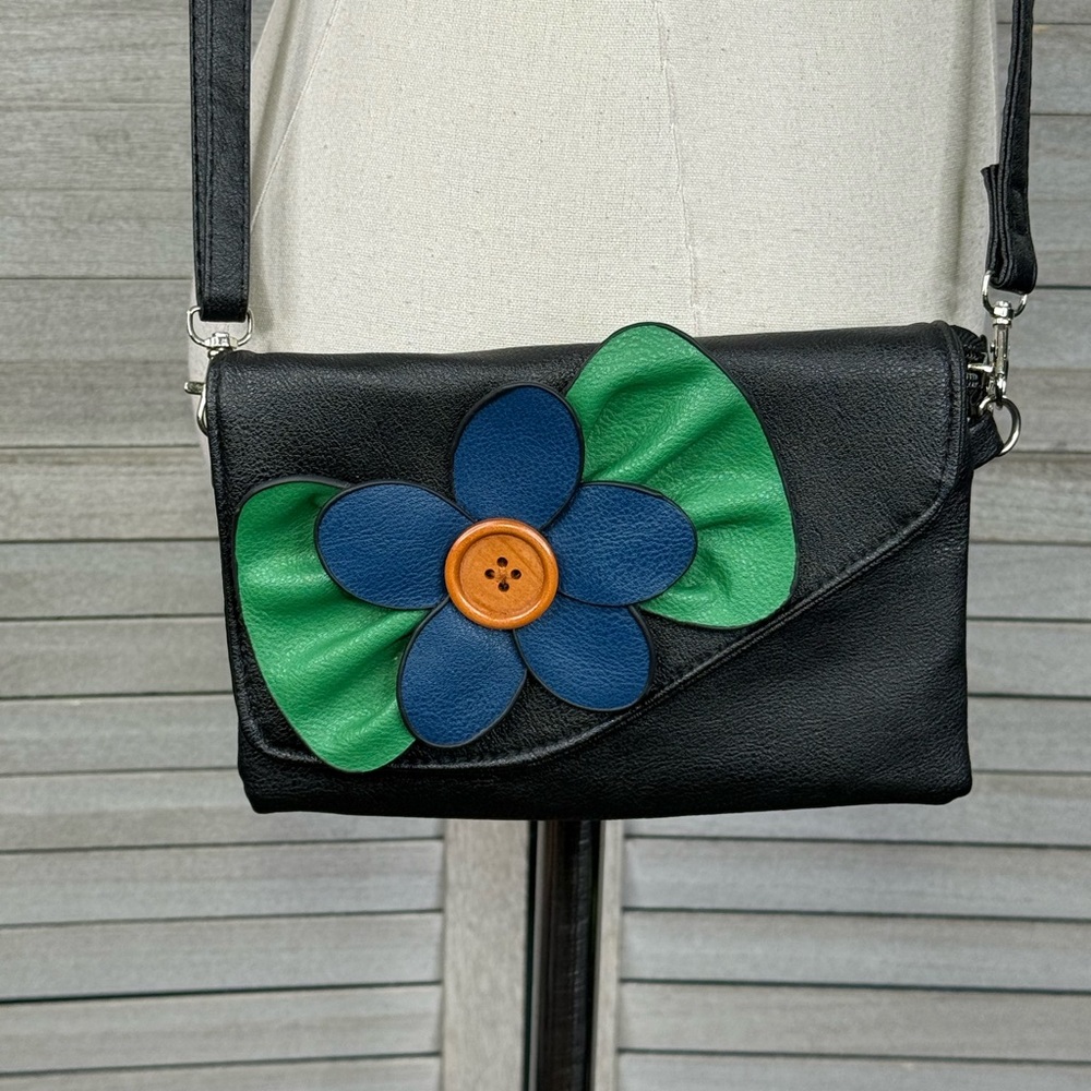 SAX Crossbody Purse Boho Floral Design Vegan Leather Black/Multi-OS